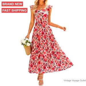 Women's Floral Midi Dress Ruffle Cap Sleeve Tiered Casual Beach Wedding Guest